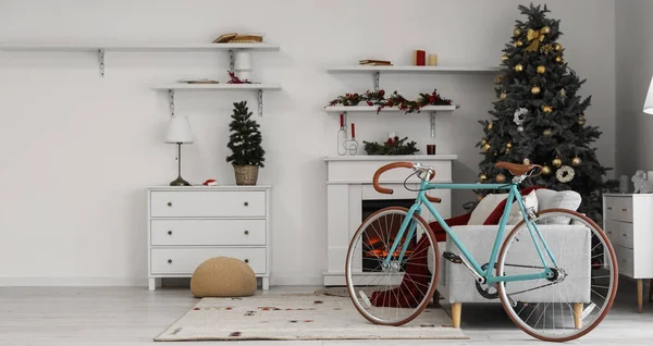Interior Light Living Room Bicycle Sofa Christmas Trees — Stock Photo, Image