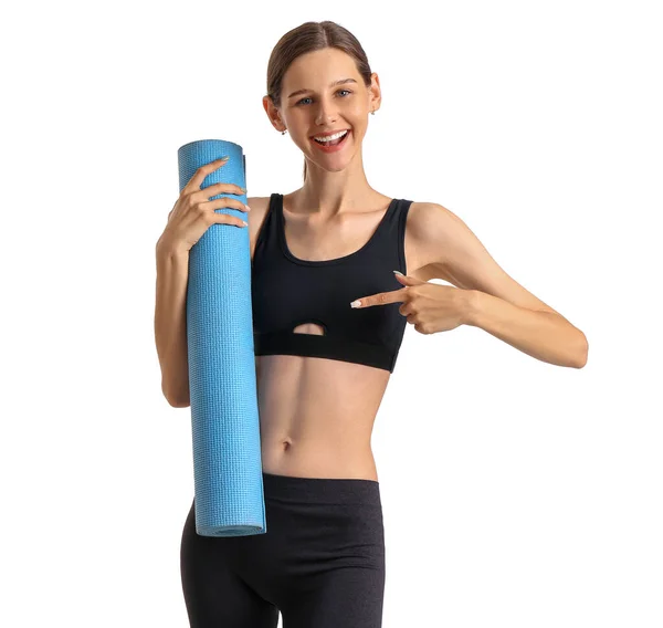 Sportliche Junge Frau Mit Yogamatte Auf Weißem Hintergrund — Stockfoto