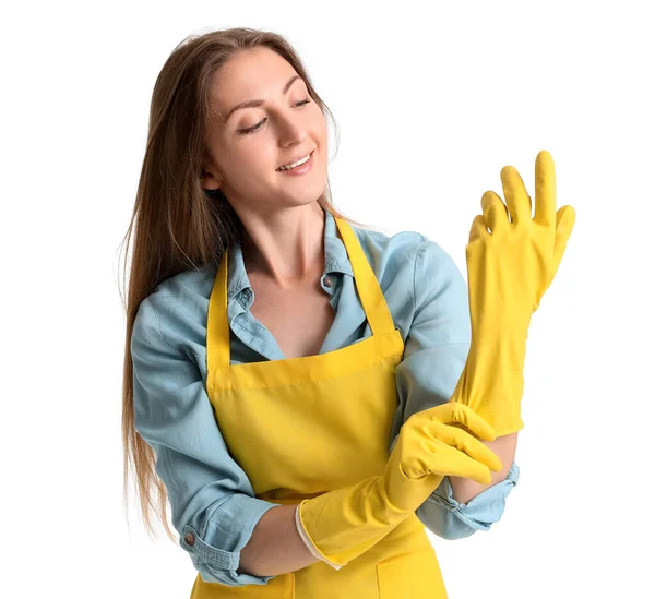 Jonge Vrouw Met Rubberen Handschoenen Witte Achtergrond — Stockfoto