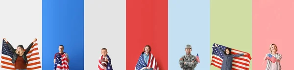 Sada Lidí Vlajkami Usa Barevném Pozadí — Stock fotografie