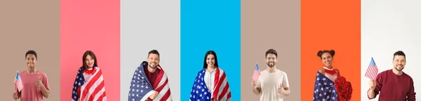 Personen Mit Usa Flaggen Auf Farbigem Hintergrund — Stockfoto
