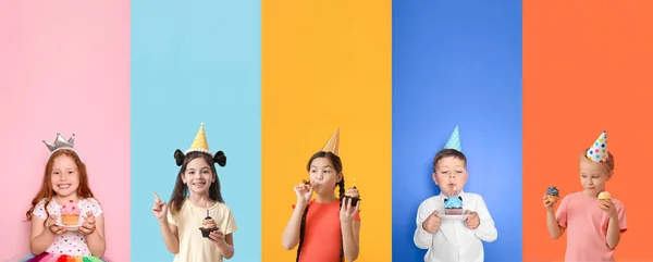Lezzetli Doğum Günü Kekleri Renkli Arka Planda Sevimli Çocukların Koleksiyonu — Stok fotoğraf