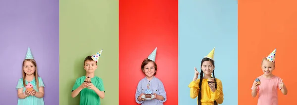 Collage Söta Barn Med Välsmakande Födelsedag Cupcakes Färg Bakgrund — Stockfoto