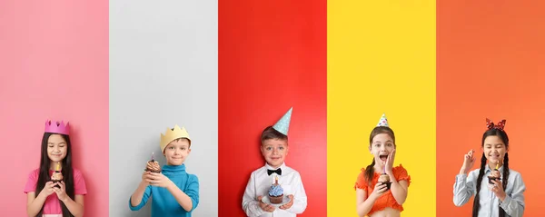 色の背景においしい誕生日カップケーキを持つかわいい子供たちのグループ — ストック写真