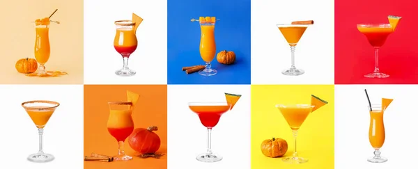 Collage Aus Leckeren Kürbiskuchen Martini Auf Farbigem Und Weißem Hintergrund — Stockfoto