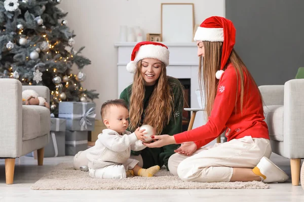 Happy Lesbian Couple Baby Boy Christmas Ball Home — Stock Photo, Image