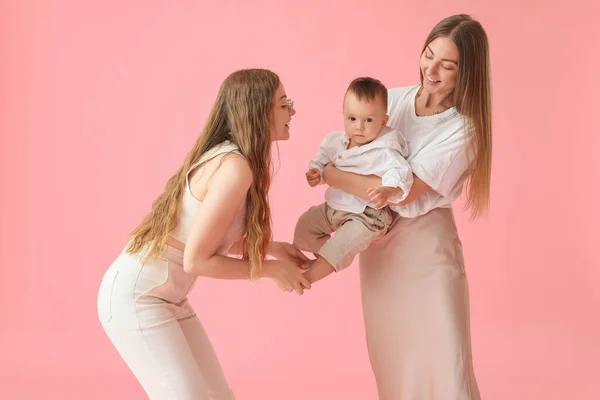 Happy Lesbian Couple Little Baby Pink Background — Stock Photo, Image