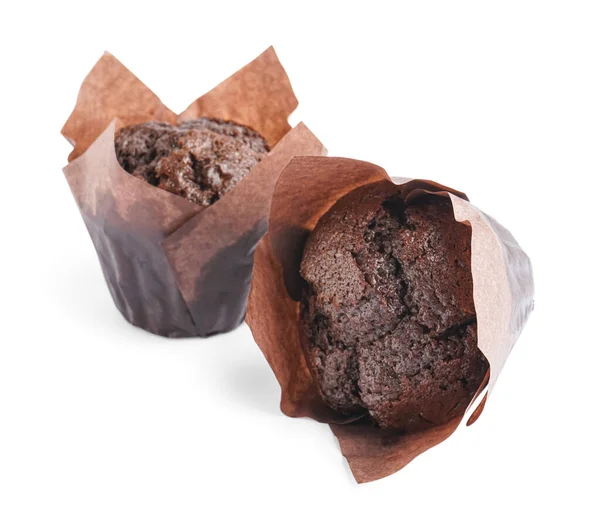 Muffins Chocolat Savoureux Isolés Sur Fond Blanc — Photo
