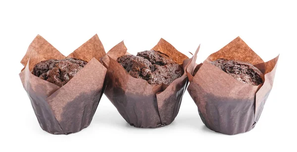 Muffins Chocolat Savoureux Isolés Sur Fond Blanc — Photo