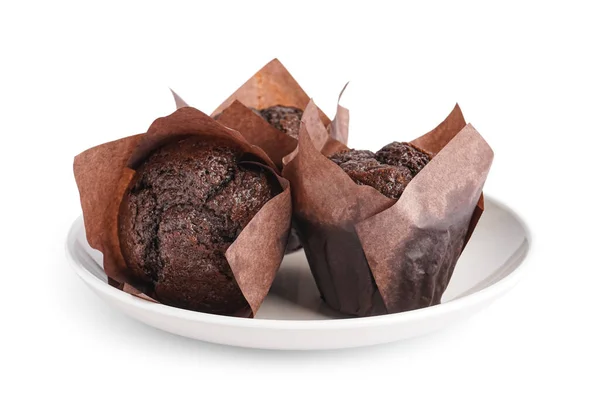 Piatto Con Dolci Muffin Cioccolato Sfondo Bianco — Foto Stock