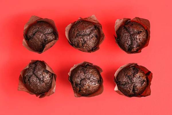 Tasty Chocolate Muffins Red Background — Stock Photo, Image