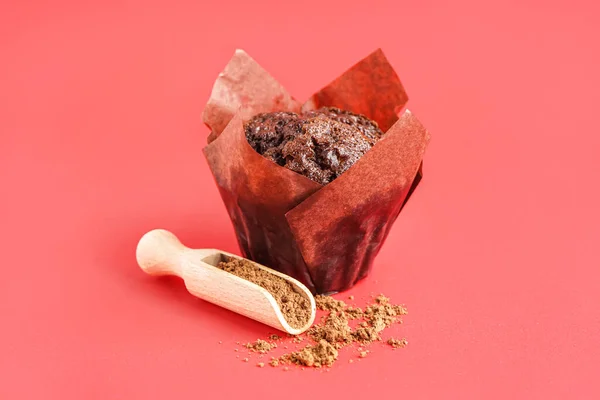 Sweet Chocolate Muffin Red Background — Stock Photo, Image