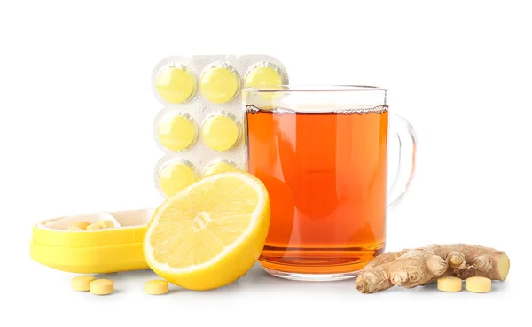 Pills Sore Throat Glass Cup Tea Lemon Ginger White Background — Stock Photo, Image