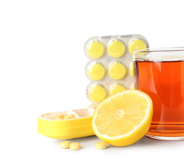 Pills Sore Throat Glass Cup Tea Lemon White Background — Stock Photo, Image