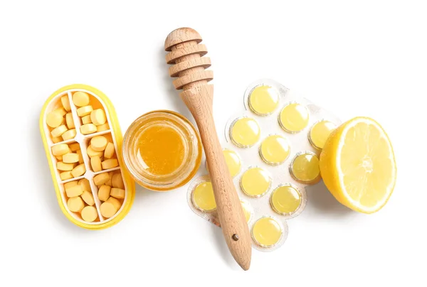 Pills Sore Throat Jar Honey Spoon Lemon White Background — Stock Photo, Image