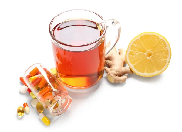Pills Sore Throat Glass Cup Tea Ginger Lemon White Background — Stock Photo, Image