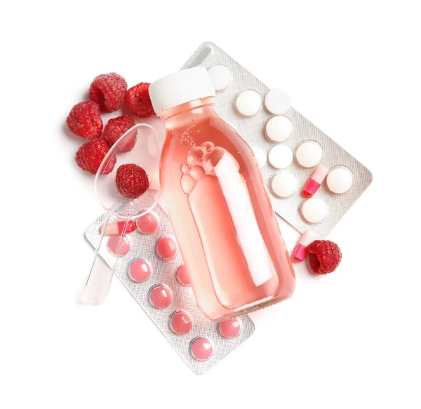Tabletták Torokfájás Köhögés Elleni Szirup Málna Fehér Alapon — Stock Fotó