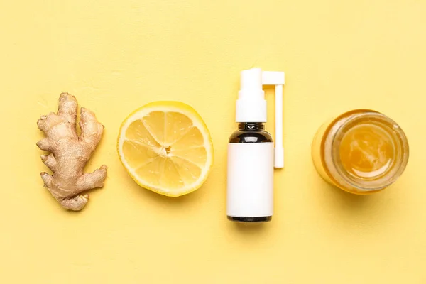 Spray Sore Throat Ginger Lemon Honey Yellow Background — Stock Photo, Image