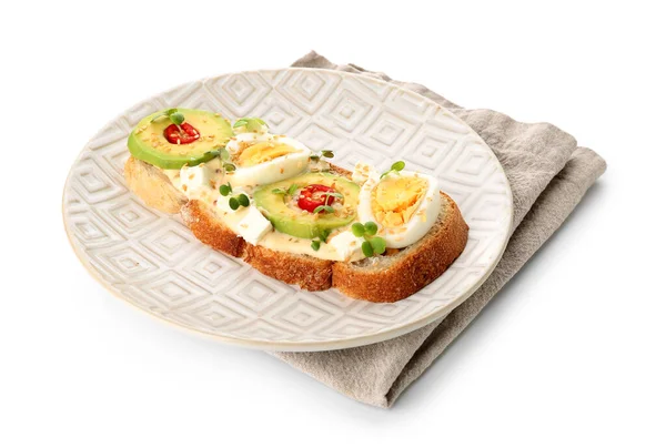 Plate Tasty Toast Boiled Egg Avocado White Background — Stock Photo, Image