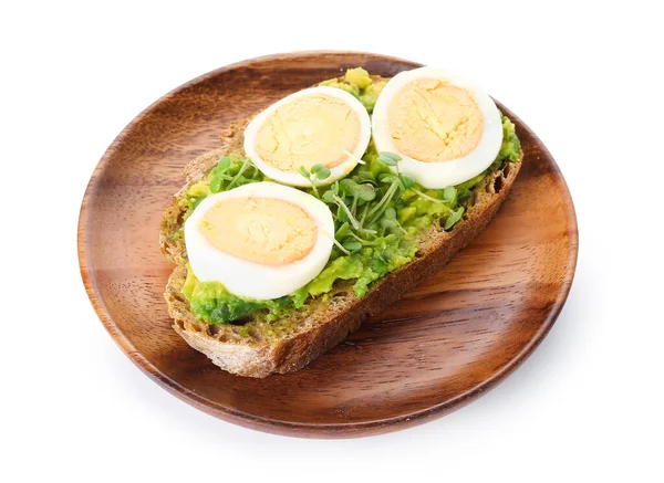Wooden Plate Tasty Toast Boiled Egg Isolated White Background — Stock Photo, Image