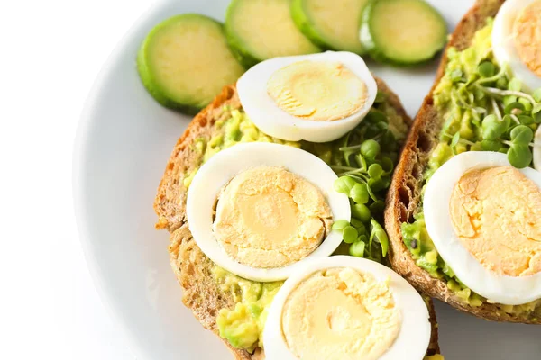 Plate Tasty Toasts Boiled Egg White Background Closeup — Stock Photo, Image