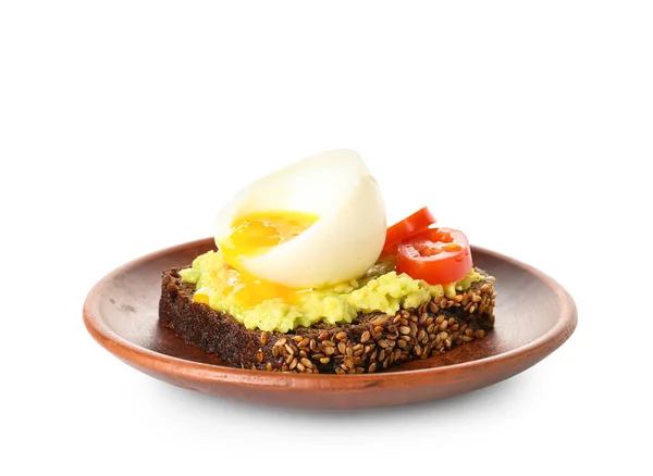 Plate Delicious Toast Boiled Egg Avocado White Background — Stock Photo, Image