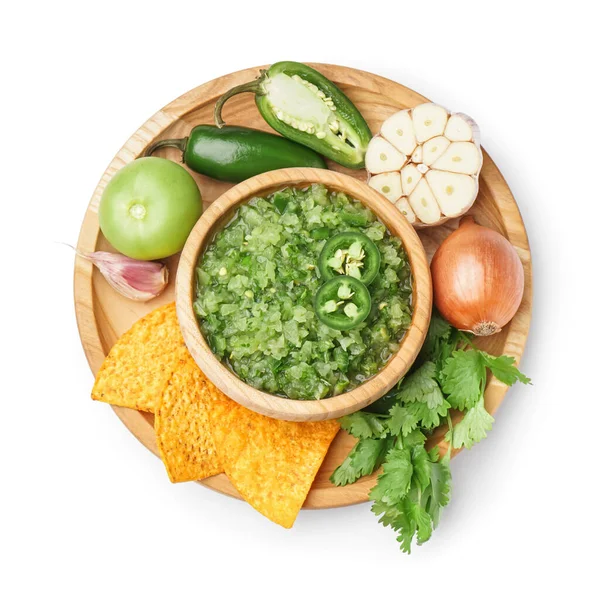 Wooden Plate Bowl Green Salsa Sauce Ingredients Nachos White Background — Stock Photo, Image