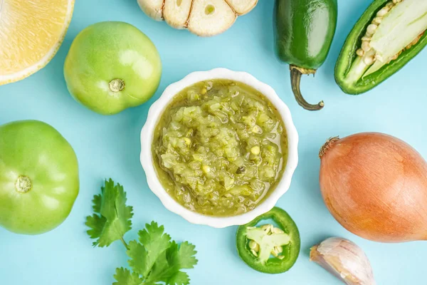 Bowl Tasty Green Salsa Sauce Ingredients Color Background — Stock Photo, Image