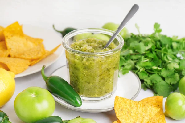 Glass Tasty Green Salsa Sauce Ingredients Nachos Light Table — Stock Photo, Image