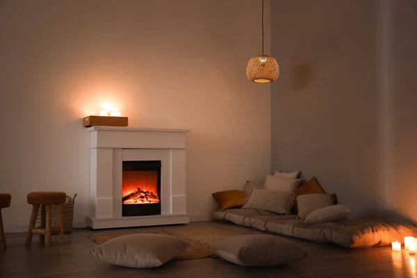 Interior Dark Living Room Fireplace Pillows Burning Candles — Stock Photo, Image