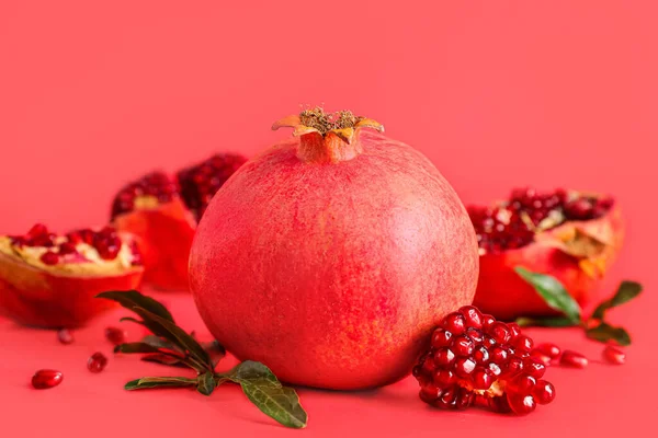 Fresh Ripe Pomegranate Red Background — Stock Photo, Image