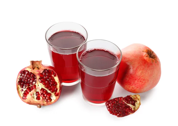 Glasses Fresh Pomegranate Juice Fruits White Background — Stock Photo, Image