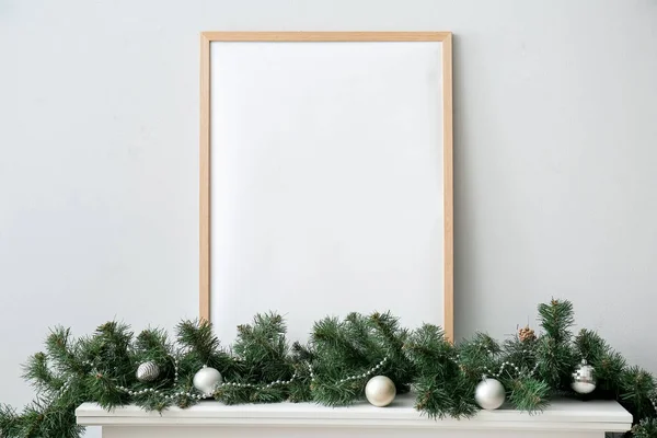 Blank Frame Christmas Branches Balls Mantelpiece Light Wall — Stock Photo, Image