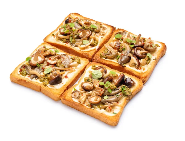 Delicious Toasts Cream Cheese Mushrooms Pesto Sauce White Background — Stock Photo, Image