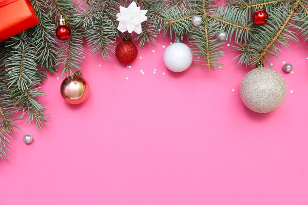 Composition Fir Branches Beautiful Christmas Balls Pink Background — Stock Photo, Image