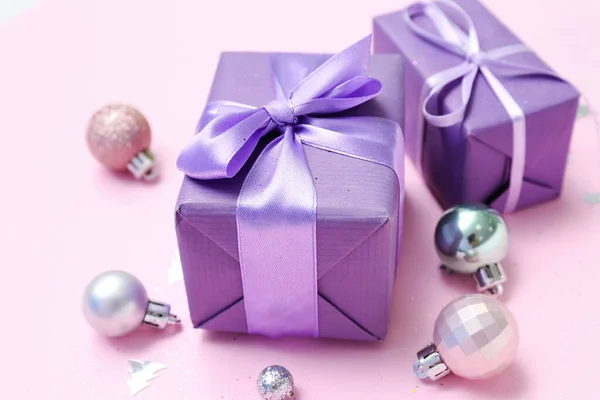 Christmas Gifts Balls Pink Background Closeup — Stock Photo, Image