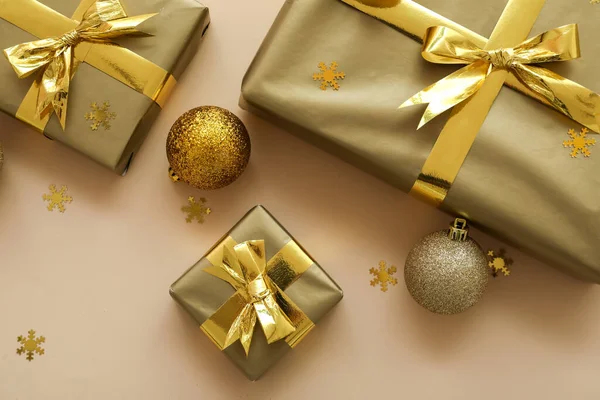 Composition Beautiful Christmas Gifts Balls Color Background Closeup — Stock Photo, Image