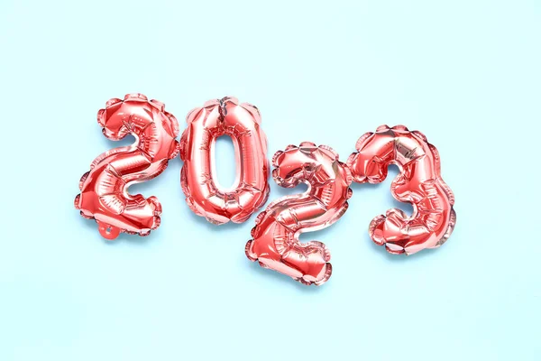 Figuur 2023 Gemaakt Van Folie Ballonnen Blauwe Achtergrond — Stockfoto