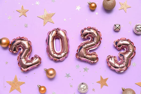 Figure 2023 Made Balloons Beautiful Christmas Decorations Pink Background — Stock Photo, Image