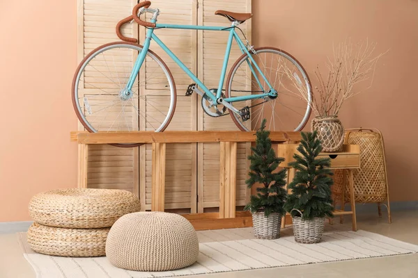 Interior Living Room Bicycle Shelf Small Fir Trees — Stock Photo, Image
