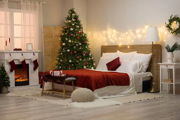 Interior Bedroom Glowing Lights Christmas Tree Fireplace — Stock Photo, Image