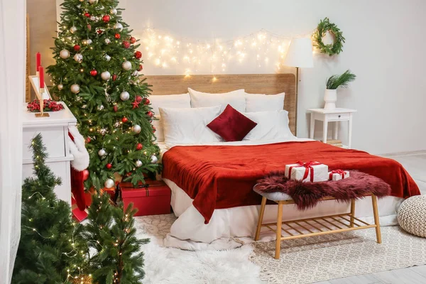 Interior Bedroom Glowing Lights Christmas Trees — Stock Photo, Image