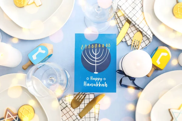 Hermosa Mesa Ajuste Para Celebración Hanukkah Vista Superior — Foto de Stock