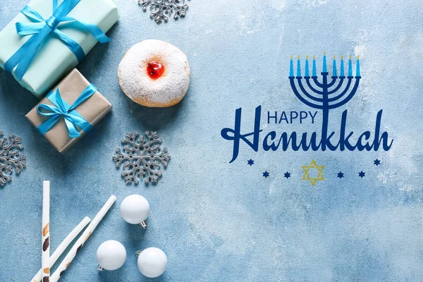 Tarjeta Felicitación Con Sufganiya Para Hanukkah Regalos Decoración Navidad —  Fotos de Stock