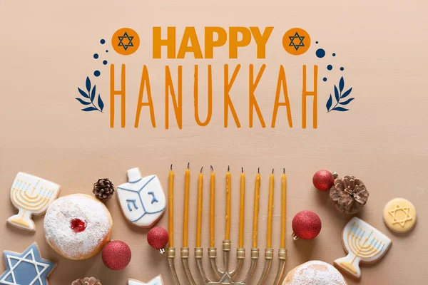Tarjeta Felicitación Con Símbolos Hanukkah Decoración Navidad —  Fotos de Stock
