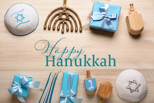 Gifts Menorah Candles Jewish Hats Dreidels Hannukah Celebration Wooden Background — Stock Photo, Image