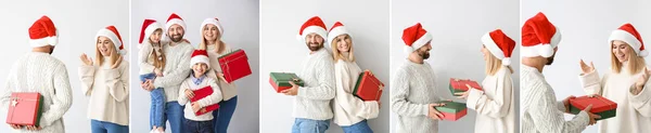 Collage Happy Family Santa Hats Light Background — Stock Photo, Image