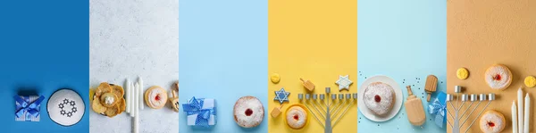 Collage Con Menorah Dreidels Regalos Golosinas Para Celebración Hanukkah Fondo —  Fotos de Stock