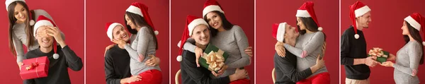 Collage Mit Niedlichen Schwangeren Jungen Paar Weihnachtsmützen Auf Rotem Hintergrund — Stockfoto