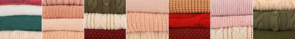 Collage Van Gestapelde Warme Winterkleding Close — Stockfoto